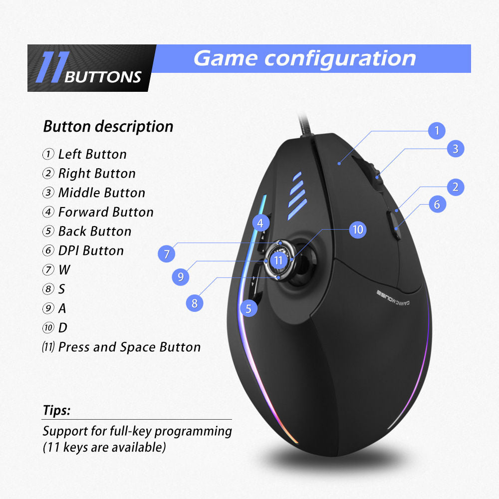 Ergonomic Vertical Gaming Mouse with RGB Lighting
